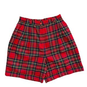 Aljean Vintage Red Tartan Plaid Wool Shorts High Waisted Pleated Cuffed Size 8